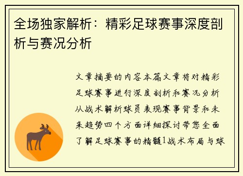 全场独家解析：精彩足球赛事深度剖析与赛况分析