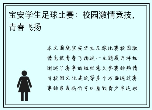 宝安学生足球比赛：校园激情竞技，青春飞扬