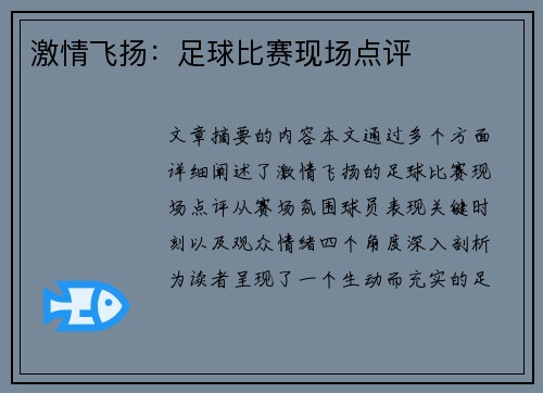 激情飞扬：足球比赛现场点评