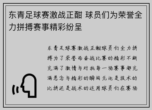 东青足球赛激战正酣 球员们为荣誉全力拼搏赛事精彩纷呈