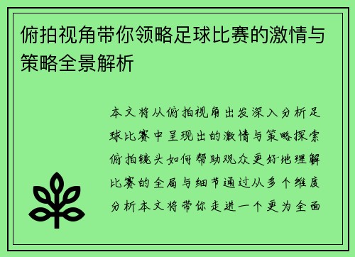 俯拍视角带你领略足球比赛的激情与策略全景解析