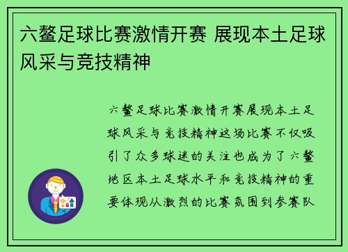 六鳌足球比赛激情开赛 展现本土足球风采与竞技精神