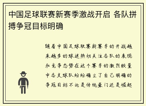 中国足球联赛新赛季激战开启 各队拼搏争冠目标明确