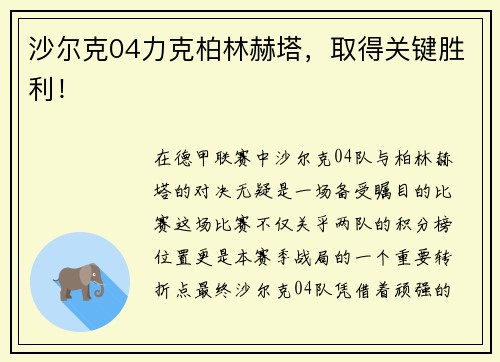 沙尔克04力克柏林赫塔，取得关键胜利！