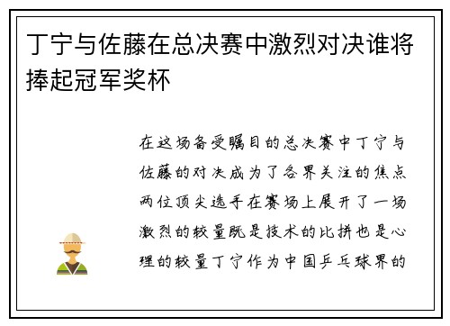 丁宁与佐藤在总决赛中激烈对决谁将捧起冠军奖杯