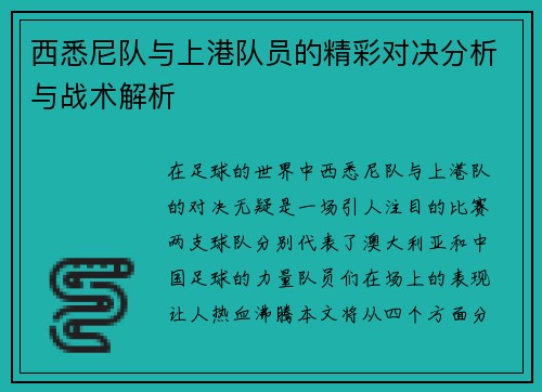西悉尼队与上港队员的精彩对决分析与战术解析