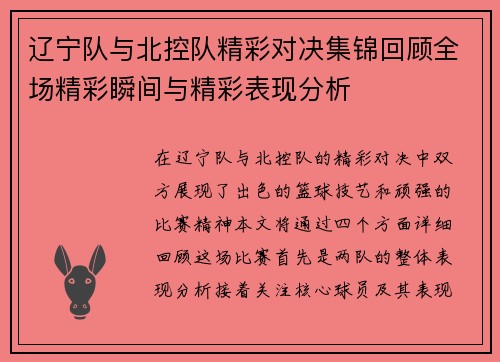 辽宁队与北控队精彩对决集锦回顾全场精彩瞬间与精彩表现分析