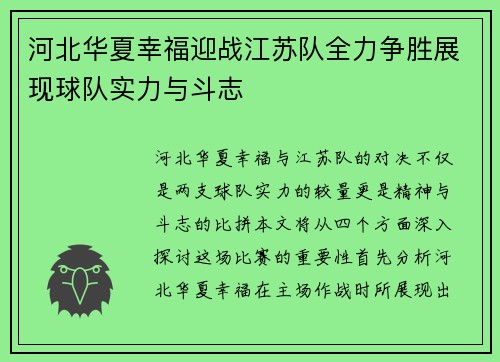 河北华夏幸福迎战江苏队全力争胜展现球队实力与斗志