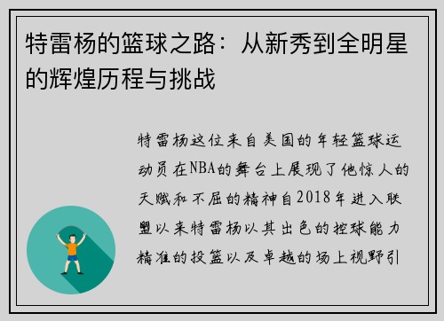 特雷杨的篮球之路：从新秀到全明星的辉煌历程与挑战
