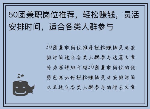 50团兼职岗位推荐，轻松赚钱，灵活安排时间，适合各类人群参与