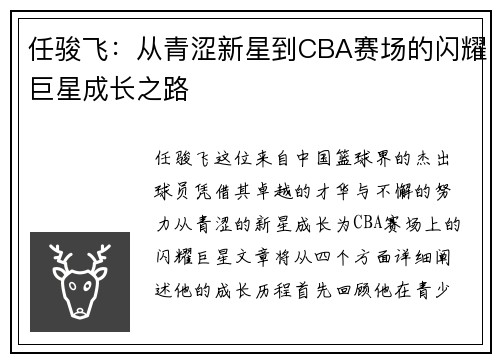 任骏飞：从青涩新星到CBA赛场的闪耀巨星成长之路