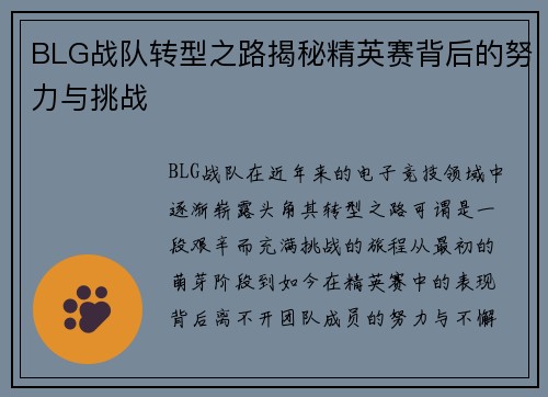BLG战队转型之路揭秘精英赛背后的努力与挑战