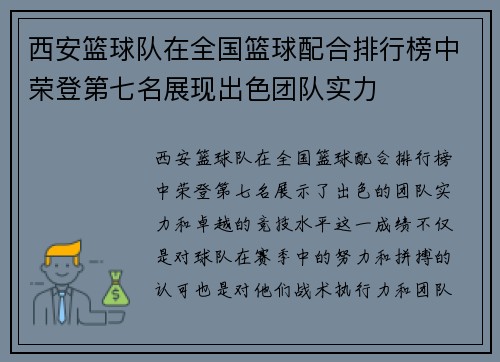 西安篮球队在全国篮球配合排行榜中荣登第七名展现出色团队实力