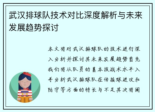 武汉排球队技术对比深度解析与未来发展趋势探讨